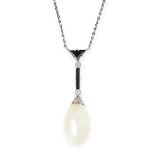 A NATURAL PEARL, ONYX AND DIAMOND PENDANT NECKLACE in 18ct white gold, set with a drop shaped