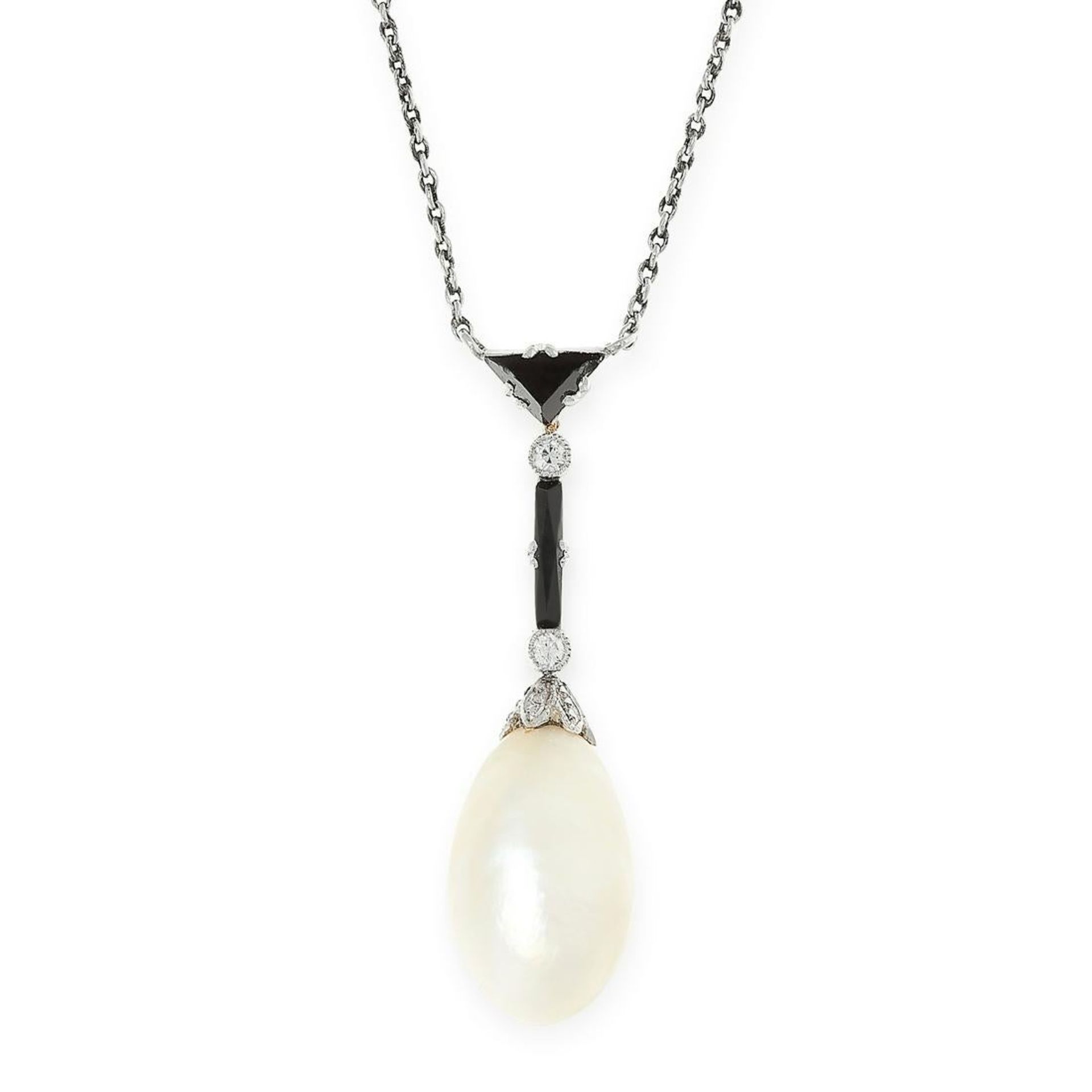 A NATURAL PEARL, ONYX AND DIAMOND PENDANT NECKLACE in 18ct white gold, set with a drop shaped