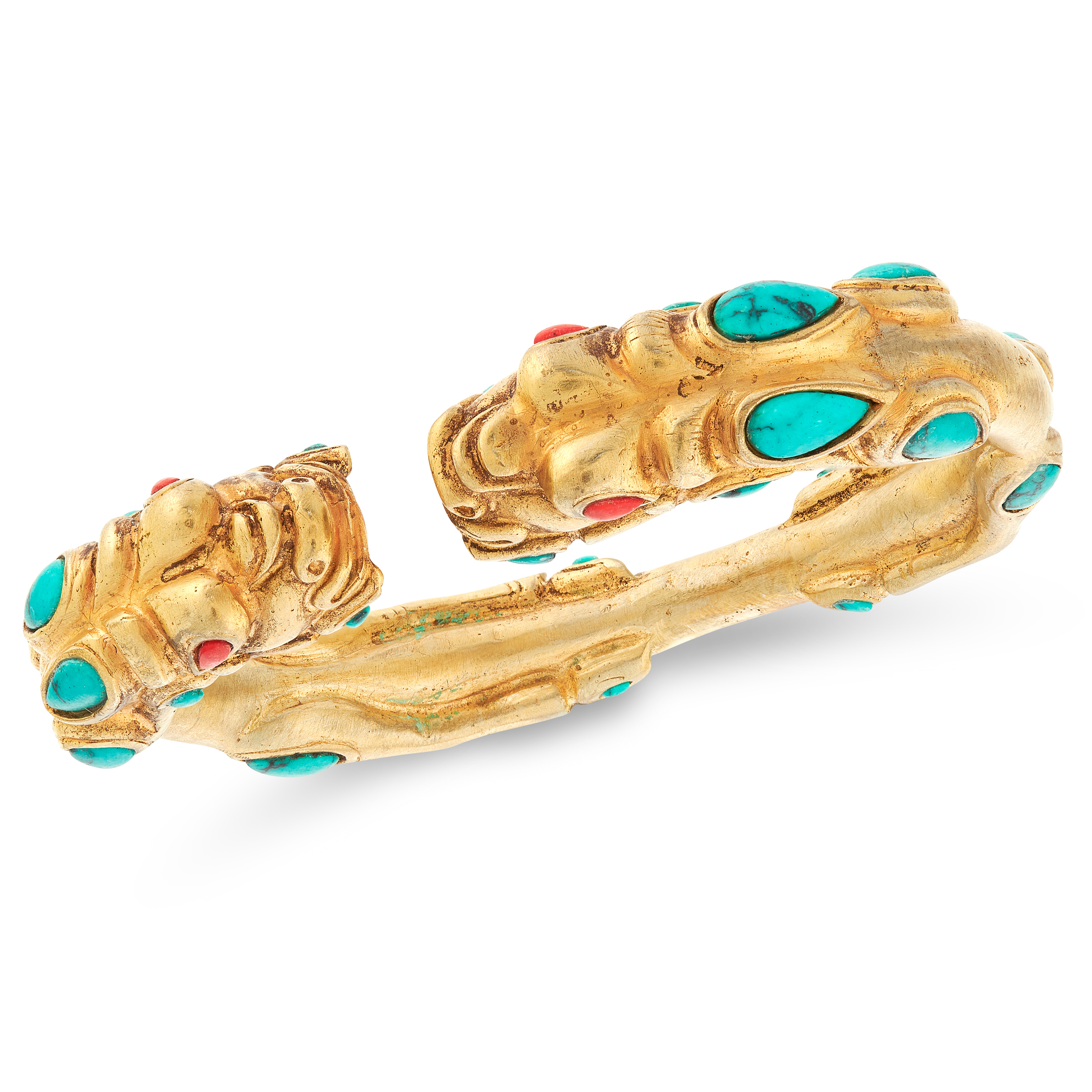 A VINTAGE TURQUOISE AND CORAL DRAGON BANGLE the body designed as an incomplete cuff, terminated at - Image 2 of 2