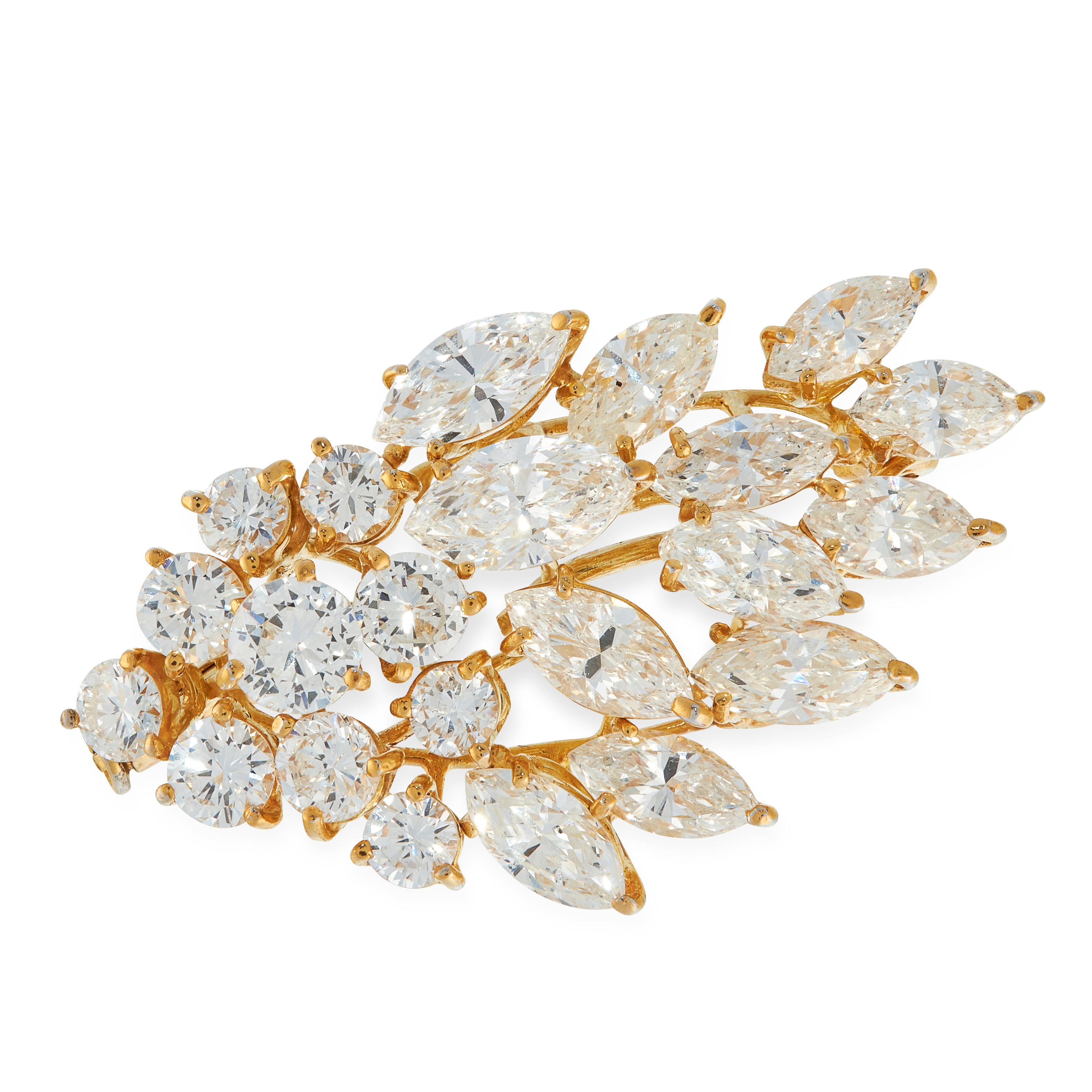A DIAMOND BROOCH / PENDANT AND EARRINGS SUITE in yellow gold, each of foliate design, set with