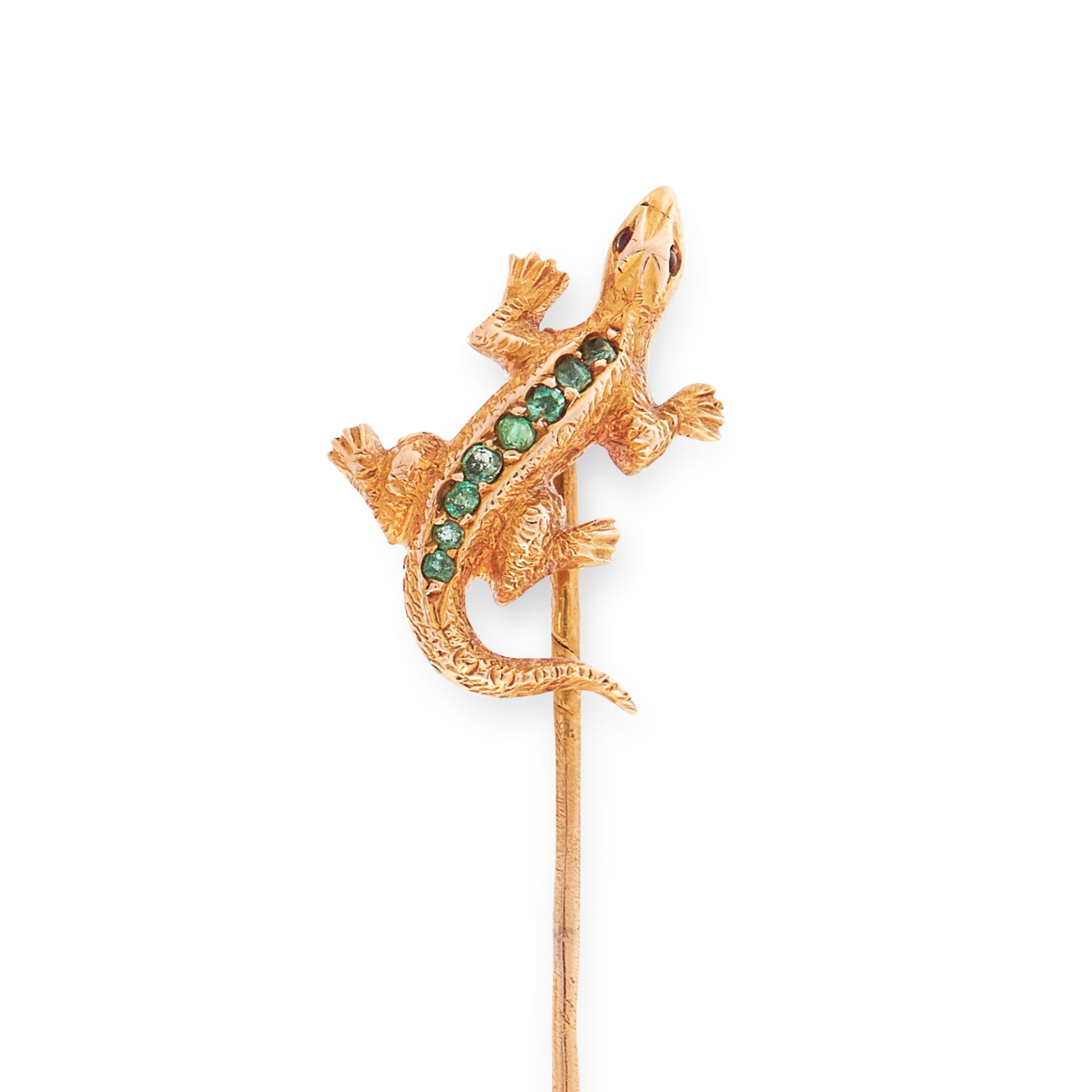 TWO ANTIQUE GEMSET TIE / STICK PINS in 18ct yellow gold, in the form of a beer holding a green - Bild 2 aus 2