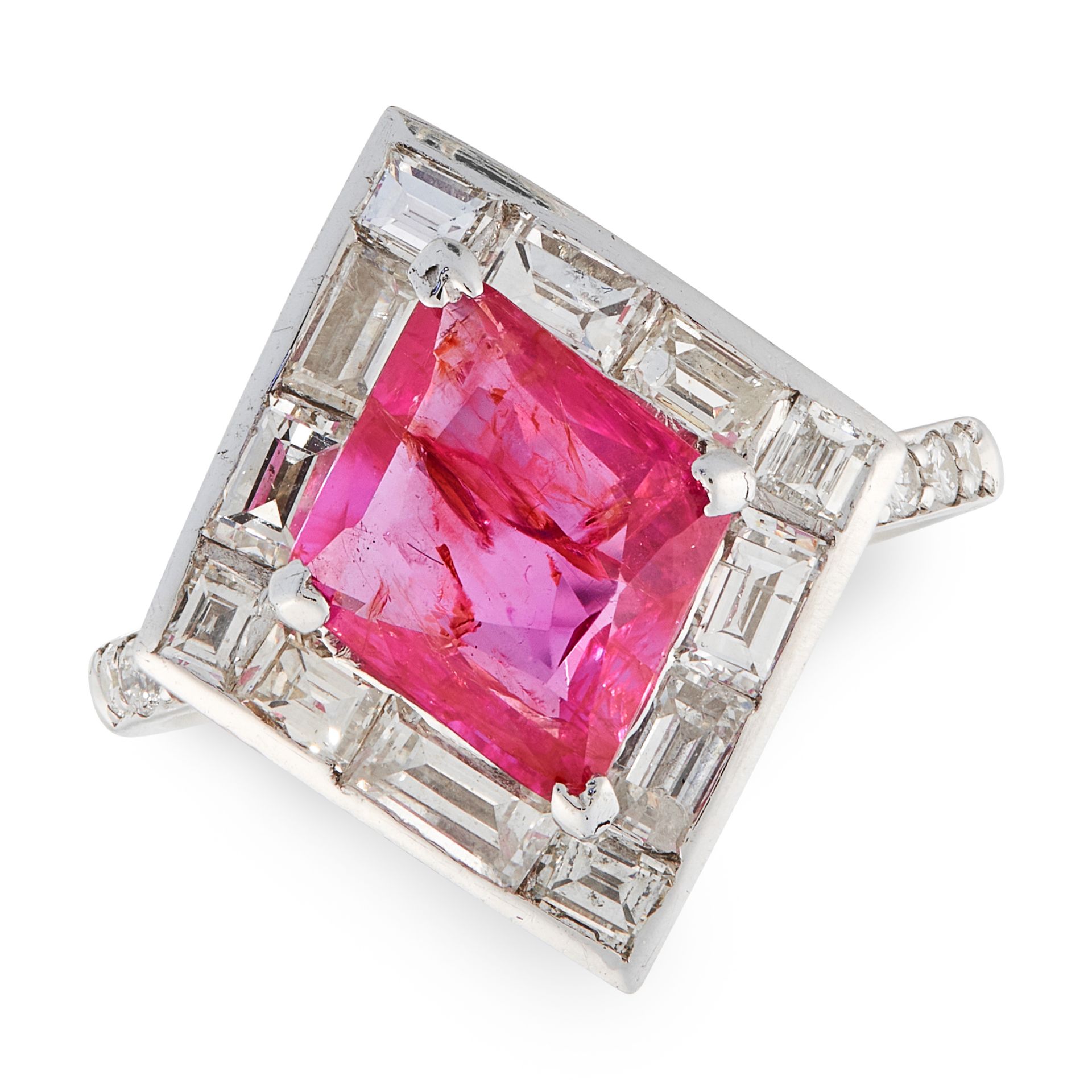 A 2.12 CARAT BURMA NO HEAT RUBY AND DIAMOND RING in white gold, set with a kite shaped fancy cut