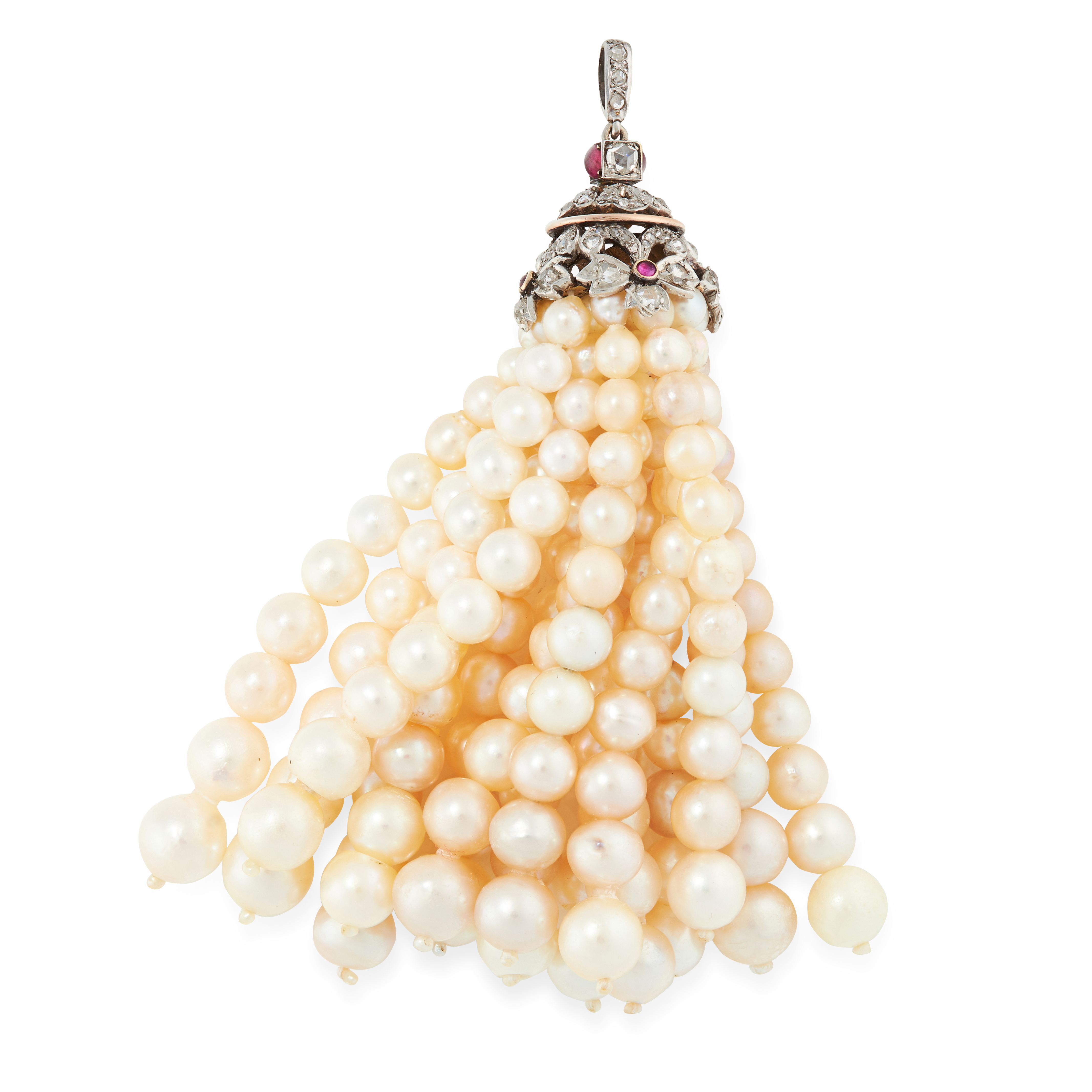 A PEARL, DIAMOND AND RUBY TASSEL PENDANT, CIRCA 1900 in yellow gold and silver, formed of foliate