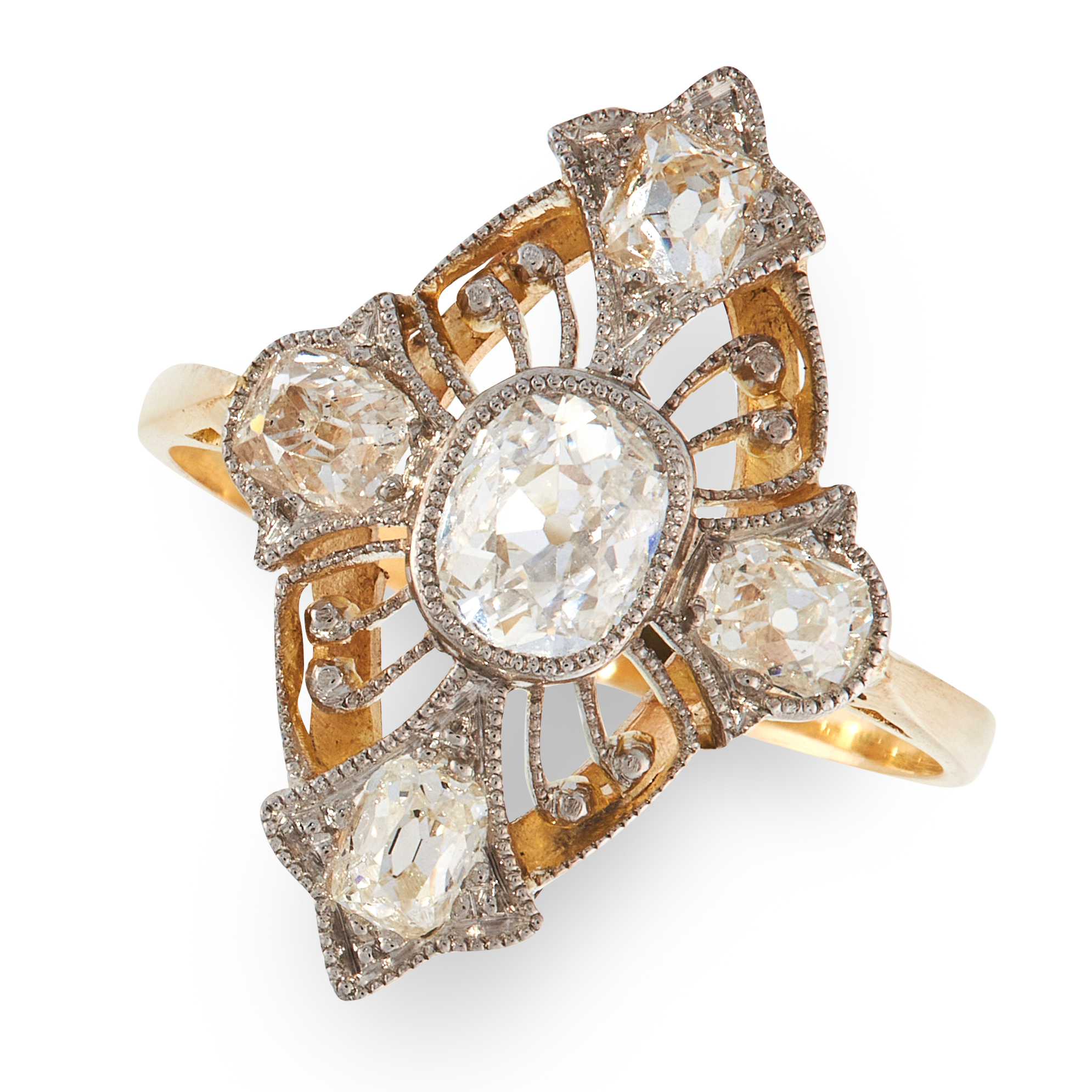 A DIAMOND DRESS RING, EARLY 20TH CENTURY in high carat yellow gold, the kite shaped face of openwork