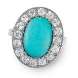 A TURQUOISE AND DIAMOND CLUSTER RING, EARLY 20TH CENTURY set with an oval turquoise cabochon