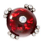 AN ANTIQUE GARNET AND DIAMOND BROOCH in yellow gold and silver, comprising a circular cabochon