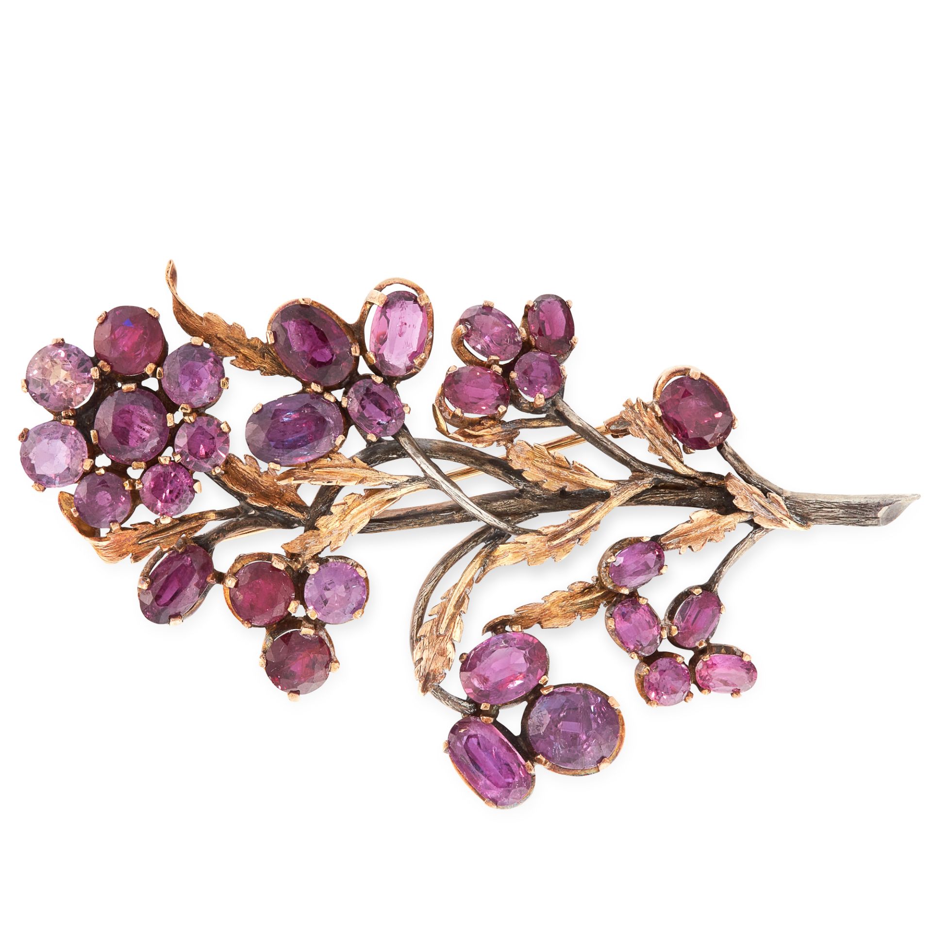 A VINTAGE GARNET FLOWER SPRAY BROOCH in 18ct yellow gold and silver, designed as a spray of flowers,