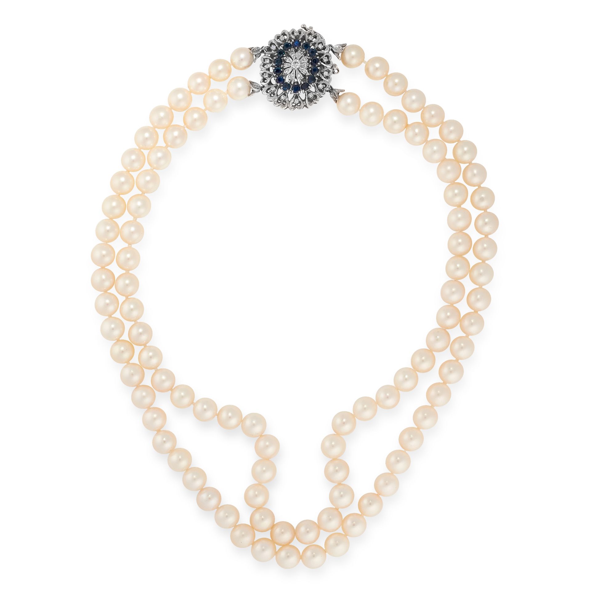 A PEARL, SAPPHIRE AND DIAMOND NECKLACE in 18ct white gold, comprising two rows of pearls of 8.3mm,