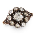 AN ANTIQUE DIAMOND CLUSTER RING, 19TH CENTURY in yellow gold and silver, set with a central rose cut