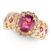 A RUBY AND DIAMOND RING in 18ct yellow gold, set with an oval cut ruby of 2.54 carats in a cluster