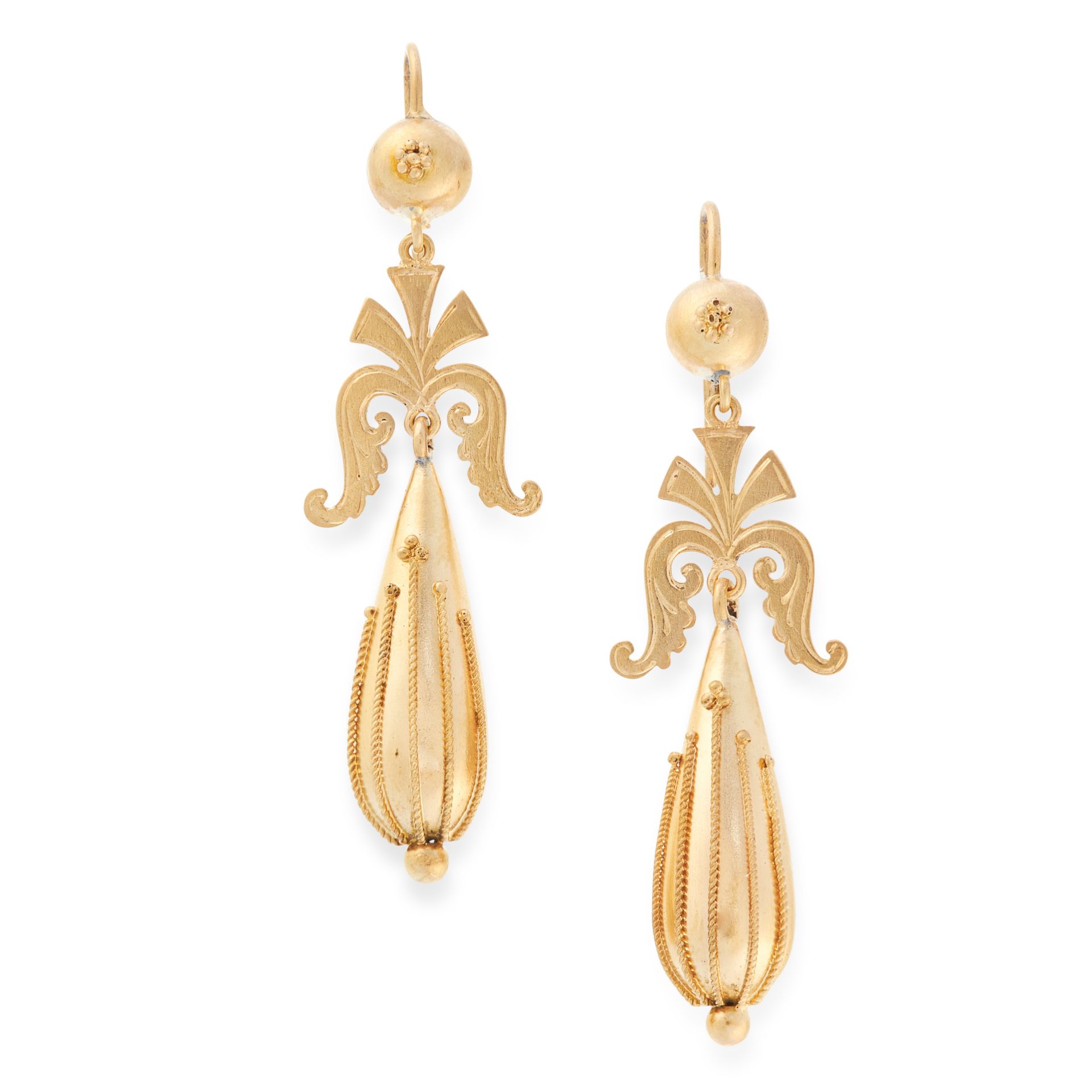 A PAIR OF ANTIQUE DROP EARRINGS, 19TH CENTURY in yellow gold, the articulated body of each formed of