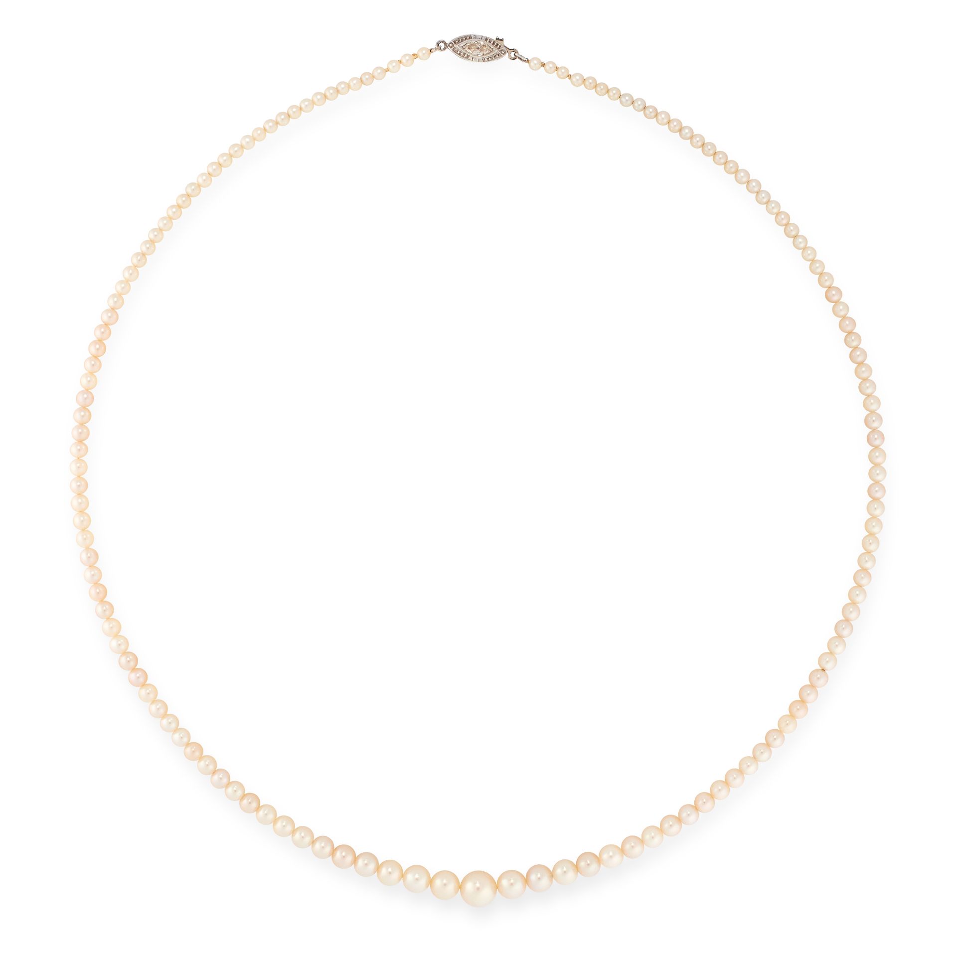 A PEARL AND DIAMOND NECKLACE comprising of a single row of pearls ranging from 6.3mm-2.2mm in