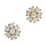 A PAIR OF DIAMOND CLUSTER STUD EARRINGS in 18ct yellow gold, each set with a cluster of seven