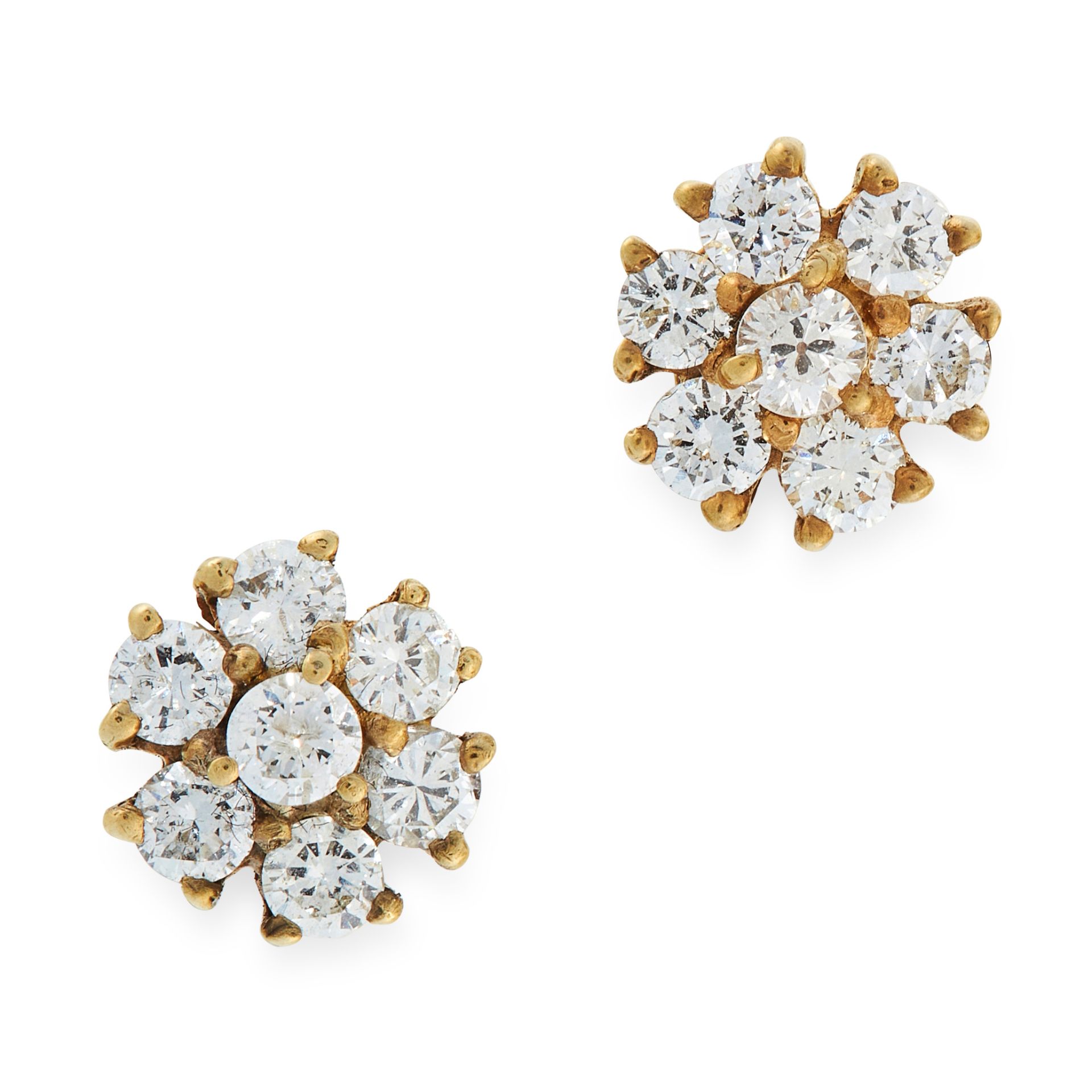 A PAIR OF DIAMOND CLUSTER STUD EARRINGS in 18ct yellow gold, each set with a cluster of seven