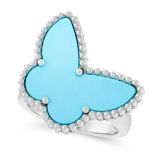 A LUCKY ALHAMBRA TURQUOISE BUTTERFLY RING, VAN CLEEF & ARPELS in 18ct white gold, the tapering