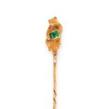 TWO ANTIQUE GEMSET TIE / STICK PINS in 18ct yellow gold, in the form of a beer holding a green