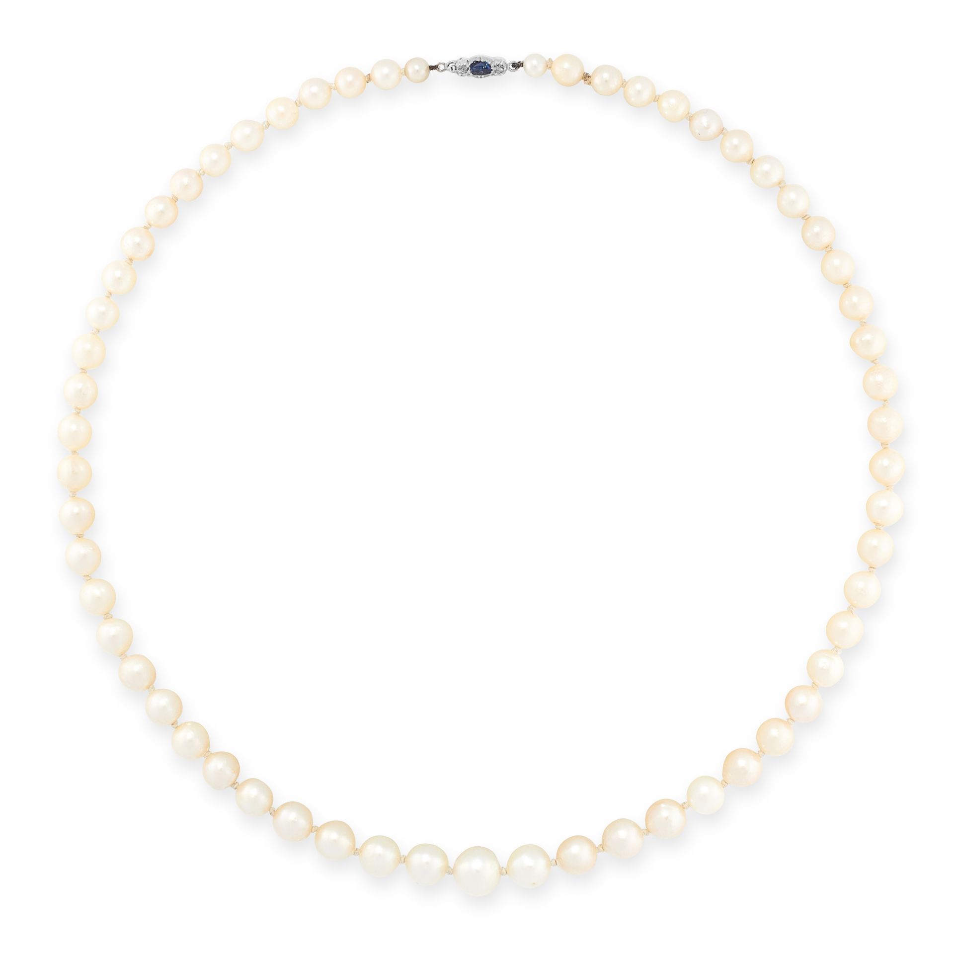 A PEARL, SAPPHIRE AND DIAMOND NECKLACE in yellow gold and silver, comprising a single row of fifty