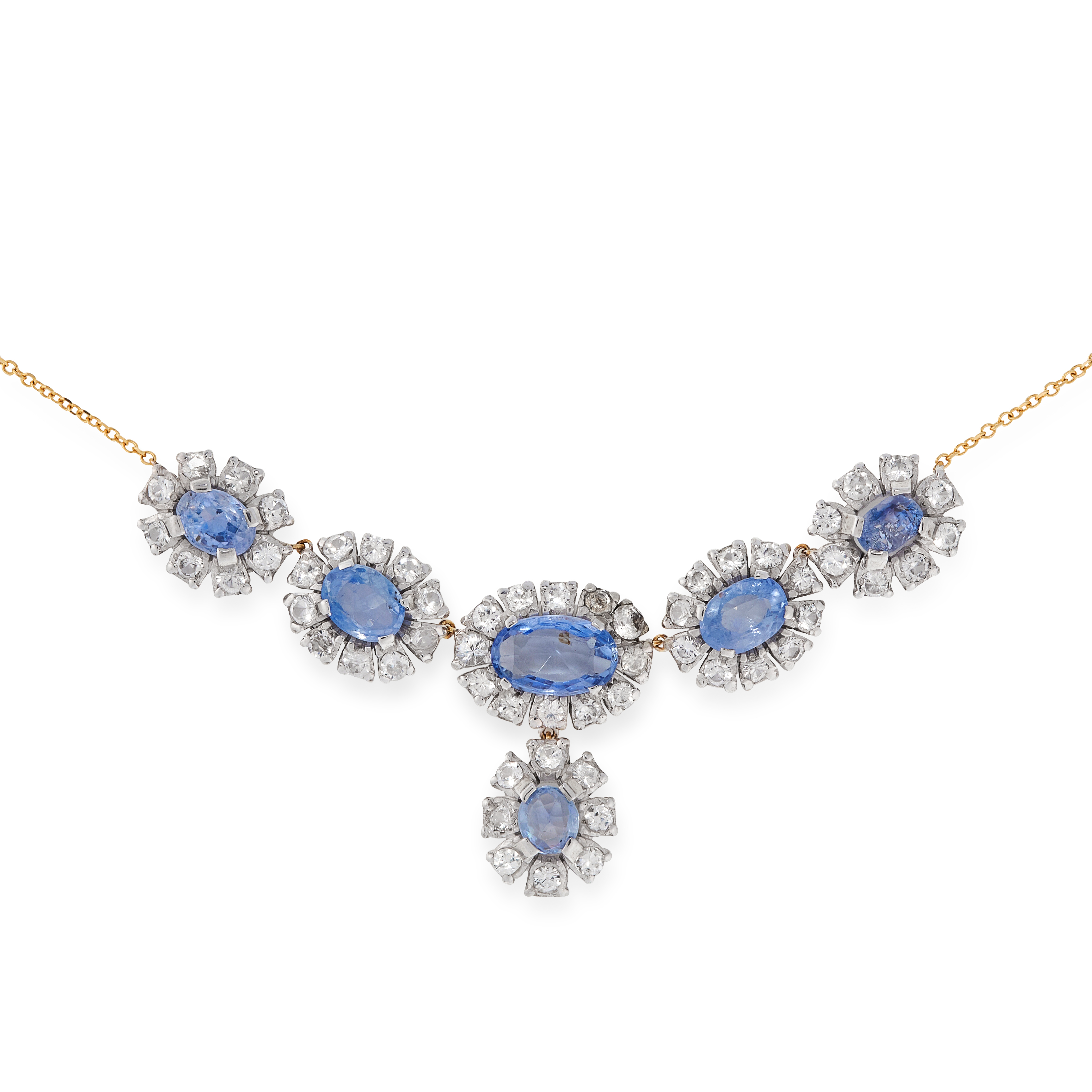 A CEYLON NO HEAT SAPPHIRE AND WHITE SAPPHIRE NECKLACE in 18ct yellow and white gold, comprising