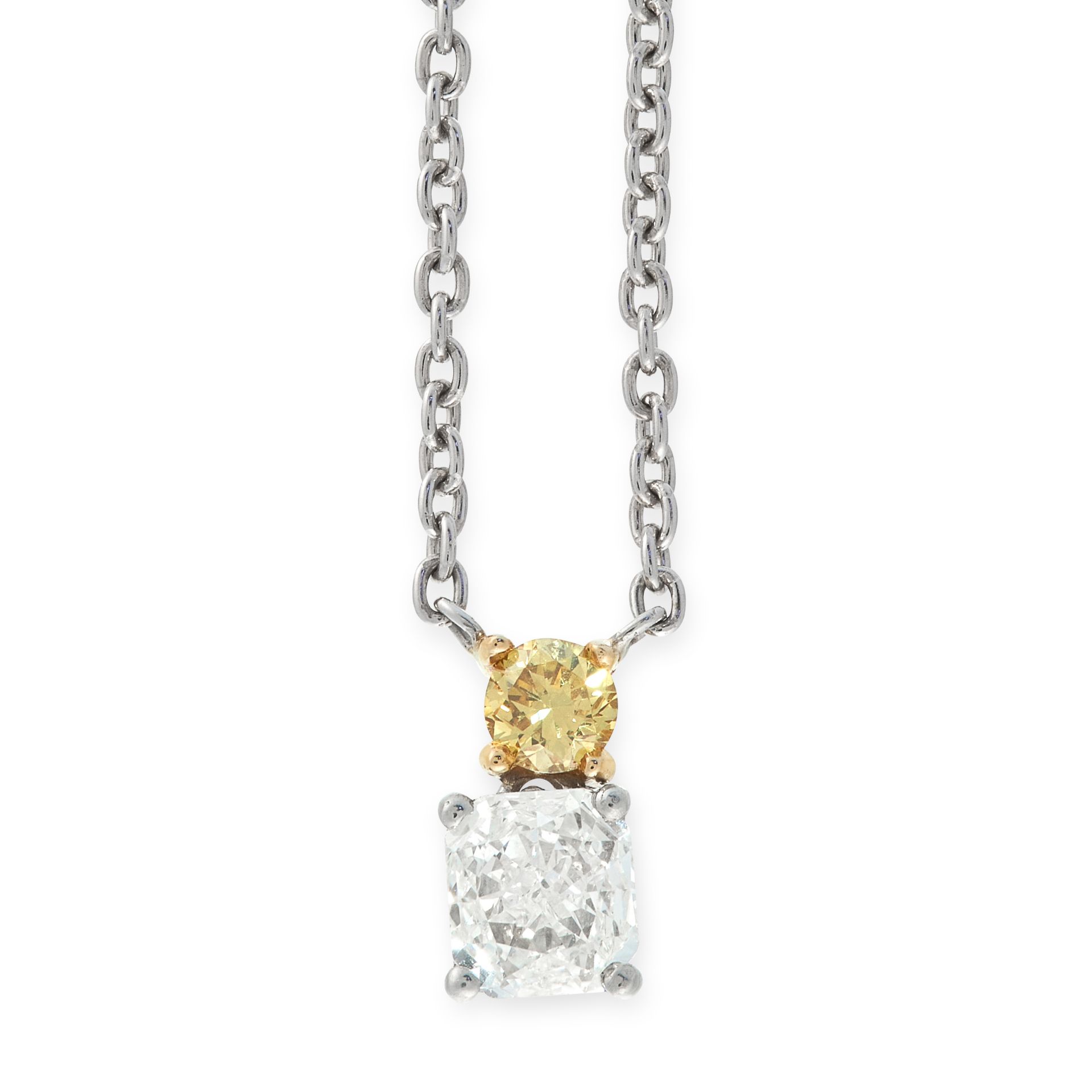 A YELLOW AND WHITE DIAMOND PENDANT NECKLACE, HIRSH in platinum, comprising of a round cut yellow