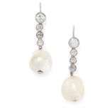 A PAIR OF ART DECO NATURAL PEARL AND DIAMOND EARRINGS each set with a natural pearl of 11.4mm and