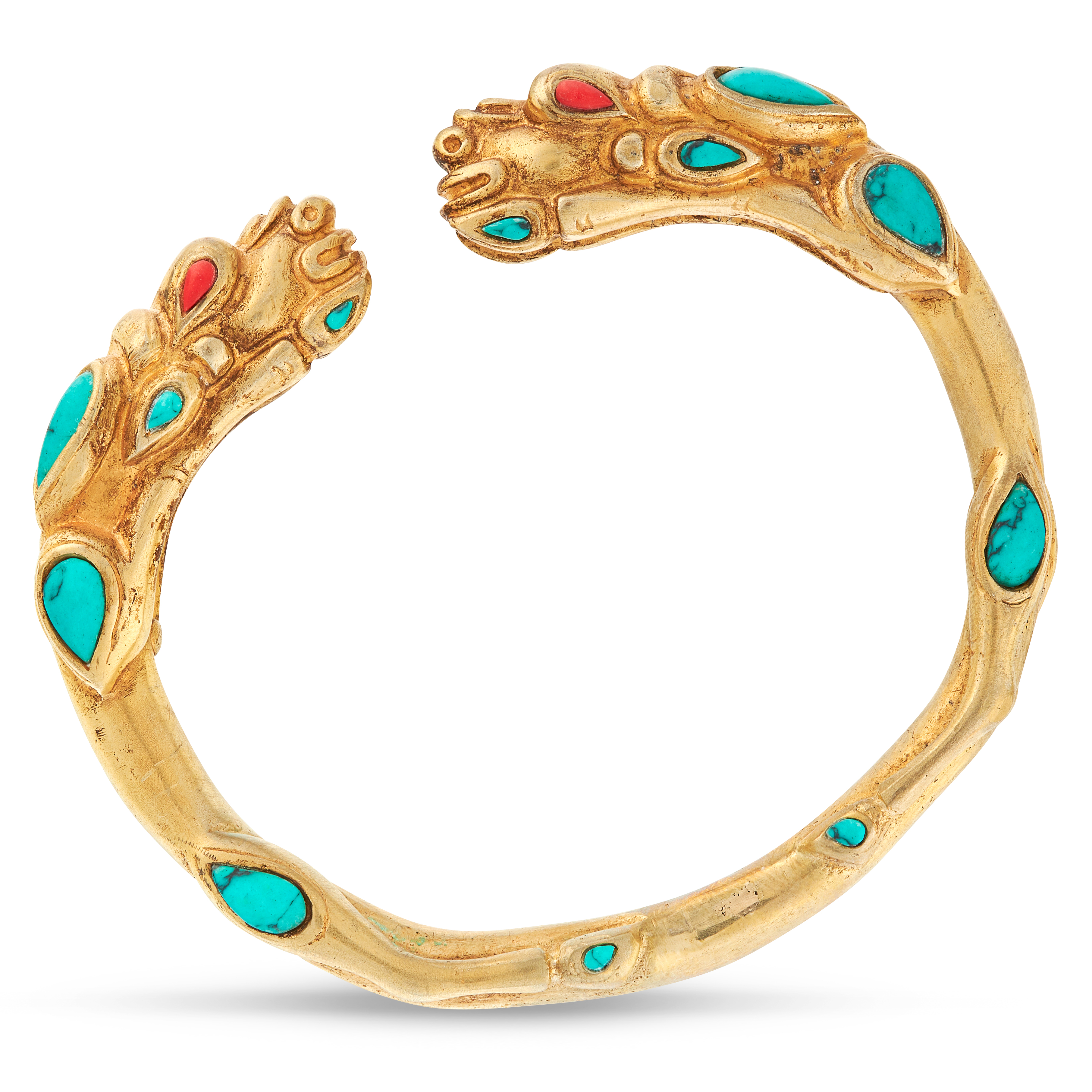 A VINTAGE TURQUOISE AND CORAL DRAGON BANGLE the body designed as an incomplete cuff, terminated at