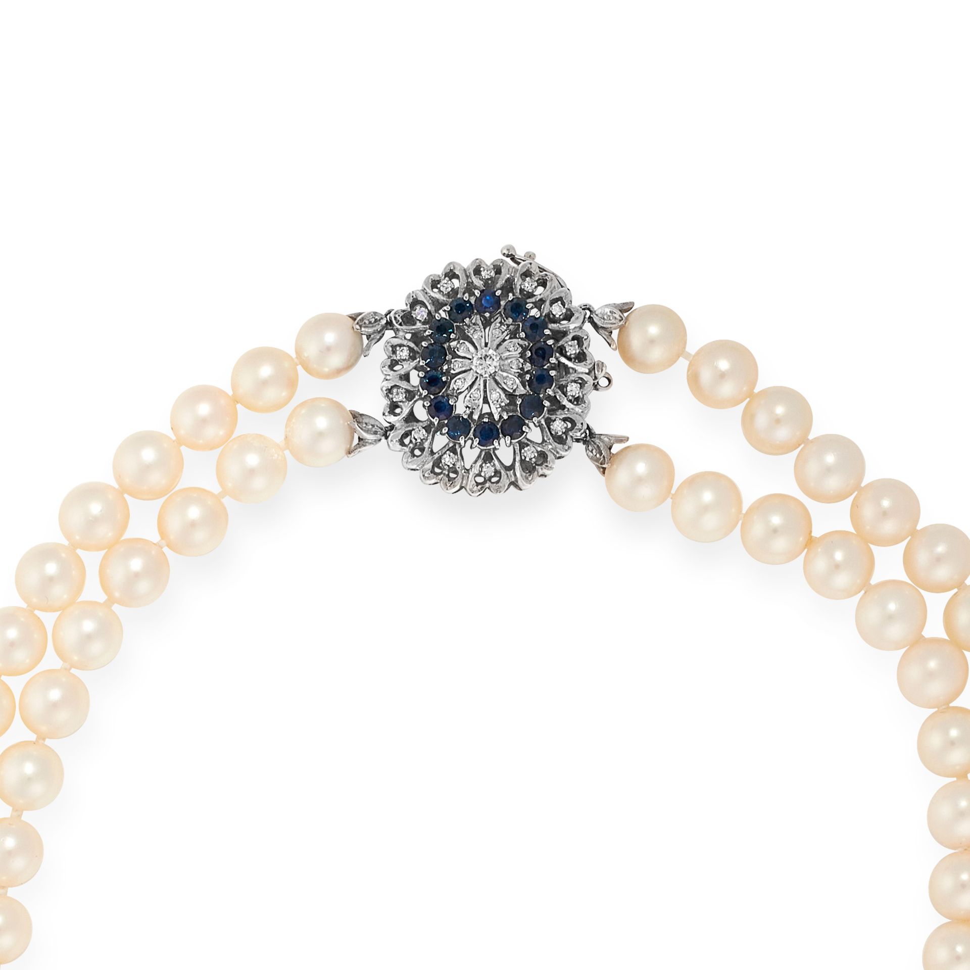 A PEARL, SAPPHIRE AND DIAMOND NECKLACE in 18ct white gold, comprising two rows of pearls of 8.3mm, - Bild 2 aus 2