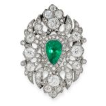 AN EMERALD AND DIAMOND CLIP BROOCH set with a central pear cut emerald of 0.83 carats in a foliate