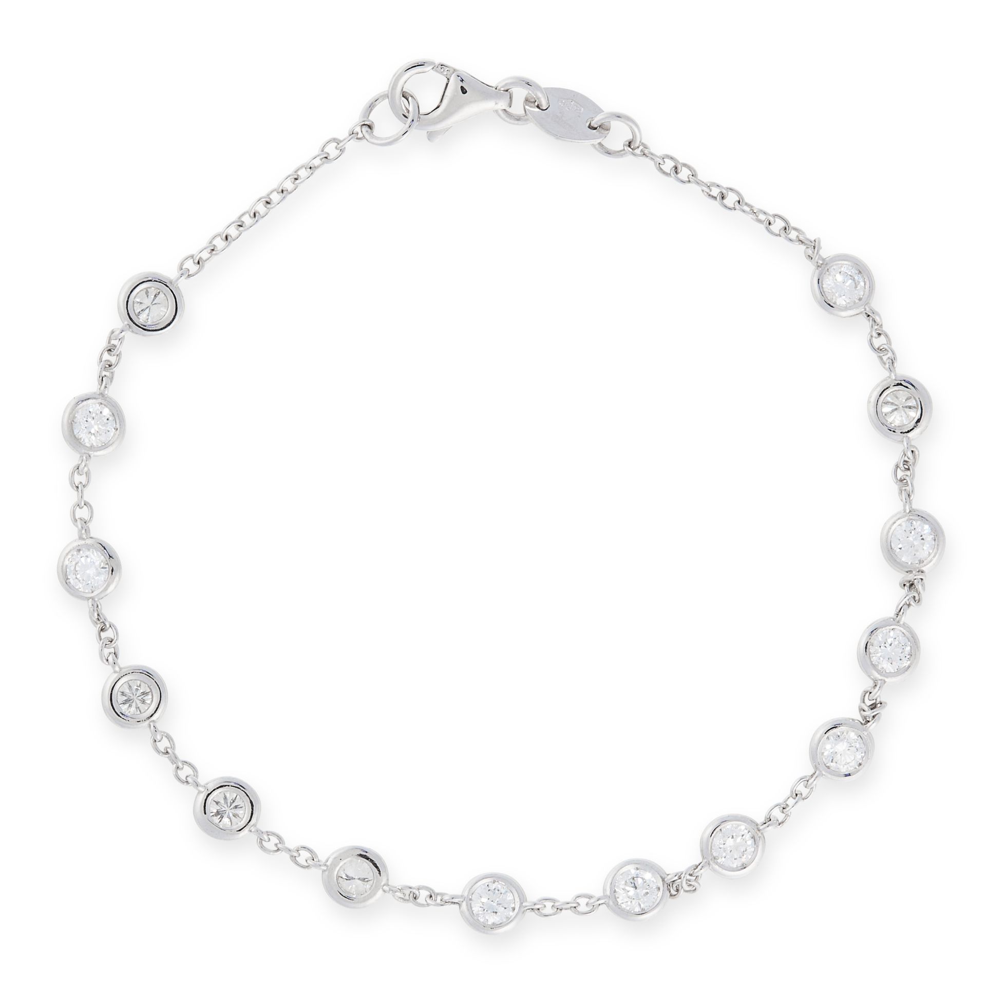 A DIAMOND LINE BRACELET in 18ct white gold, the chain set with fourteen round cut diamonds totalling