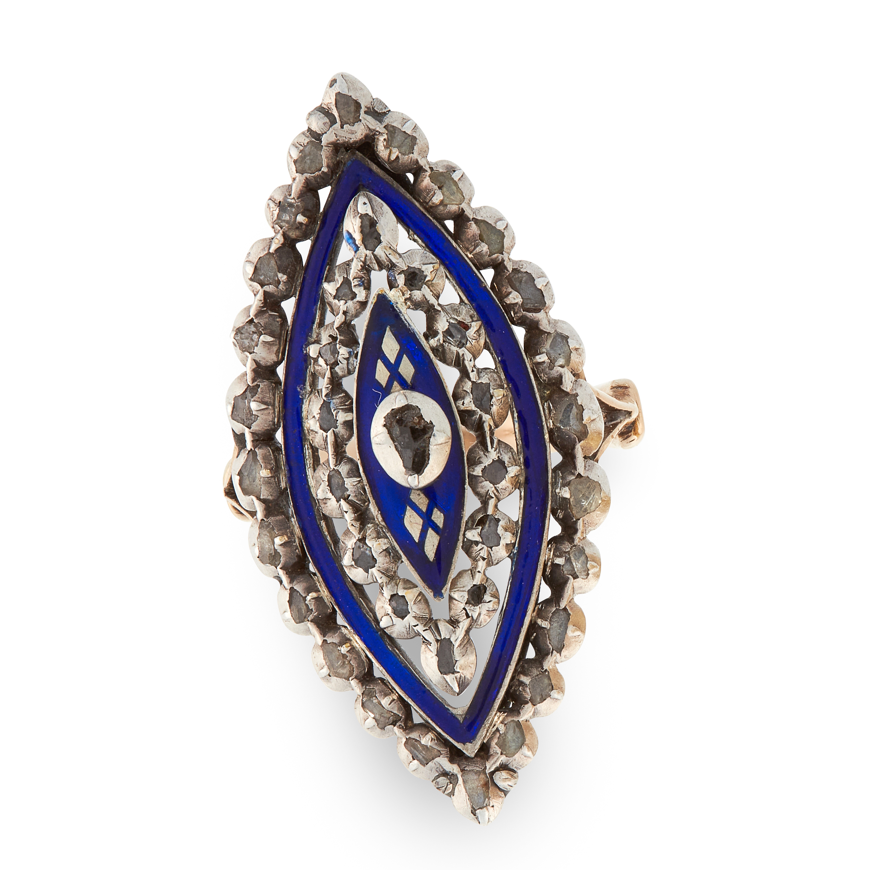 AN ANTIQUE DIAMOND AND ENAMEL BAGUE DE FIRMAMENT RING in yellow gold and silver, the marquise face