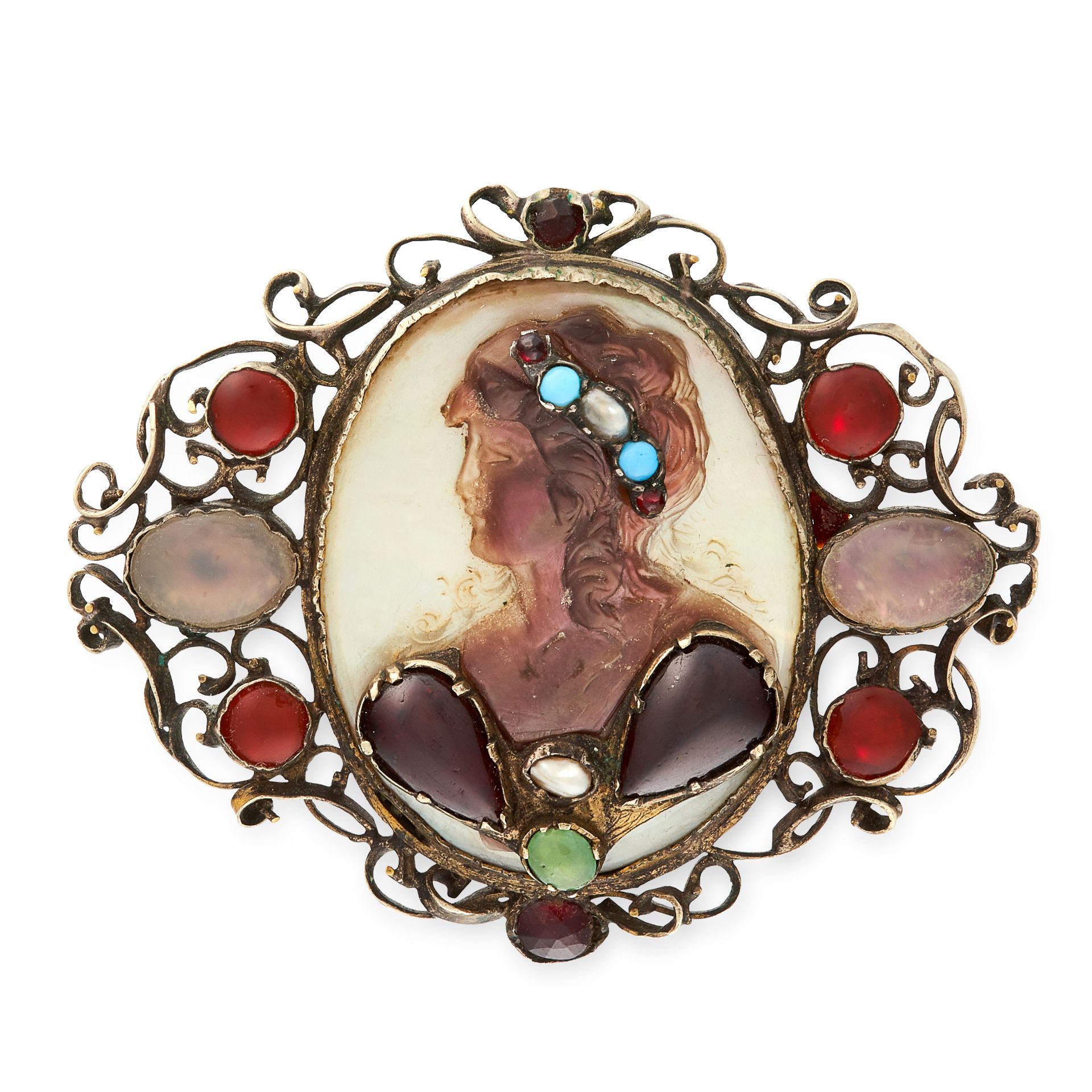 A GEMSET CAMEO BROOCH, CIRCA 1900 comprising of a mother of pearl cameo depicting a lady in a