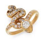 A DIAMOND SNAKE RING in high carat yellow gold, designed as the body of a snake coiled around