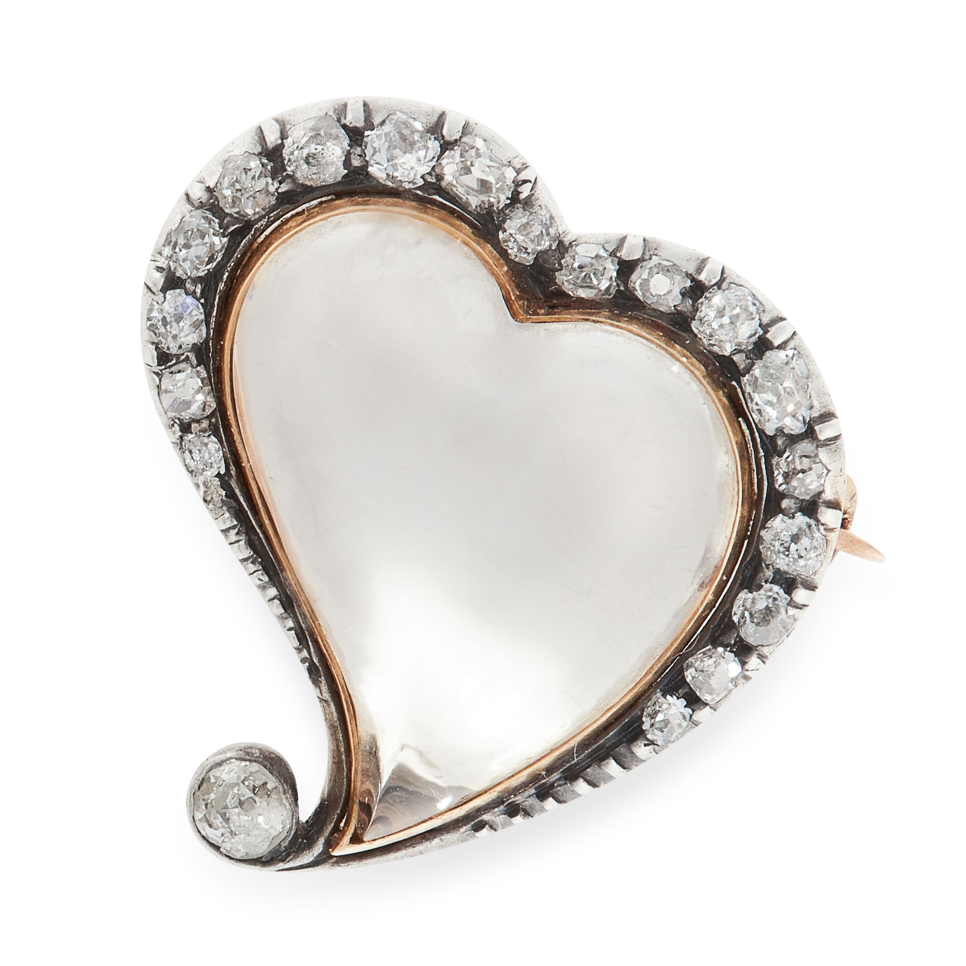 AN ANTIQUE ROCK CRYSTAL AND DIAMOND WITCH'S HEART BROOCH, 19TH CENTURY in yellow gold and silver,