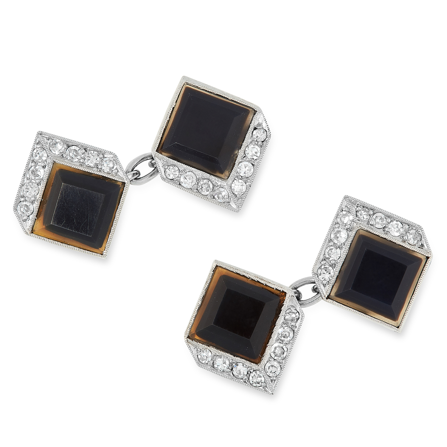 A PAIR OF ART DECO AGATE AND DIAMOND CUFFLINKS, EARLY 20TH CENTURY each formed of two flattened cube