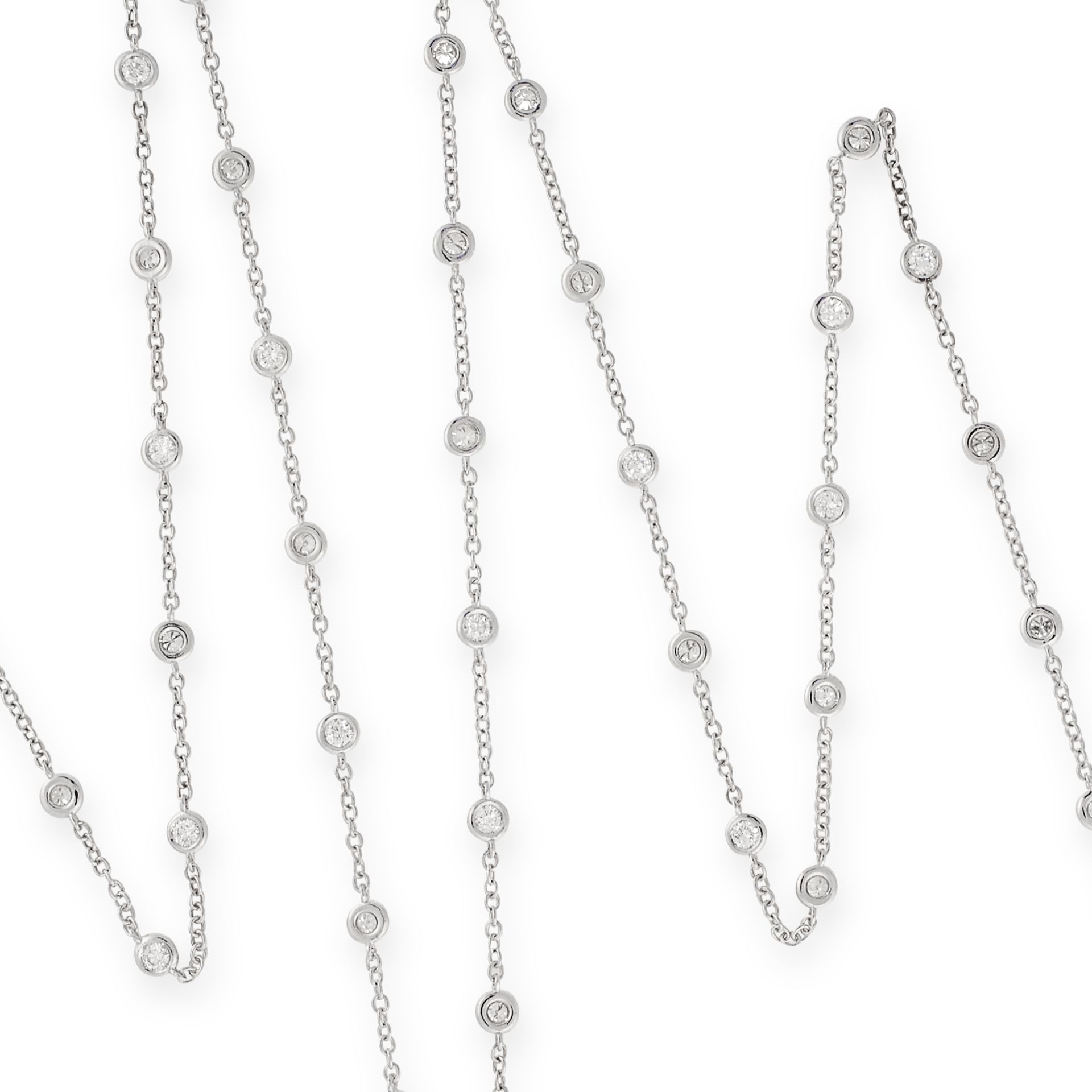 A DIAMOND LONGCHAIN NECKLACE in 18ct white gold, the chain set with forty-four round cut diamonds