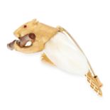 A PEARL, DIAMOND AND RUBY BEAVER BROOCH, E WOLFE & CO in 18ct yellow gold, designed as a beaver