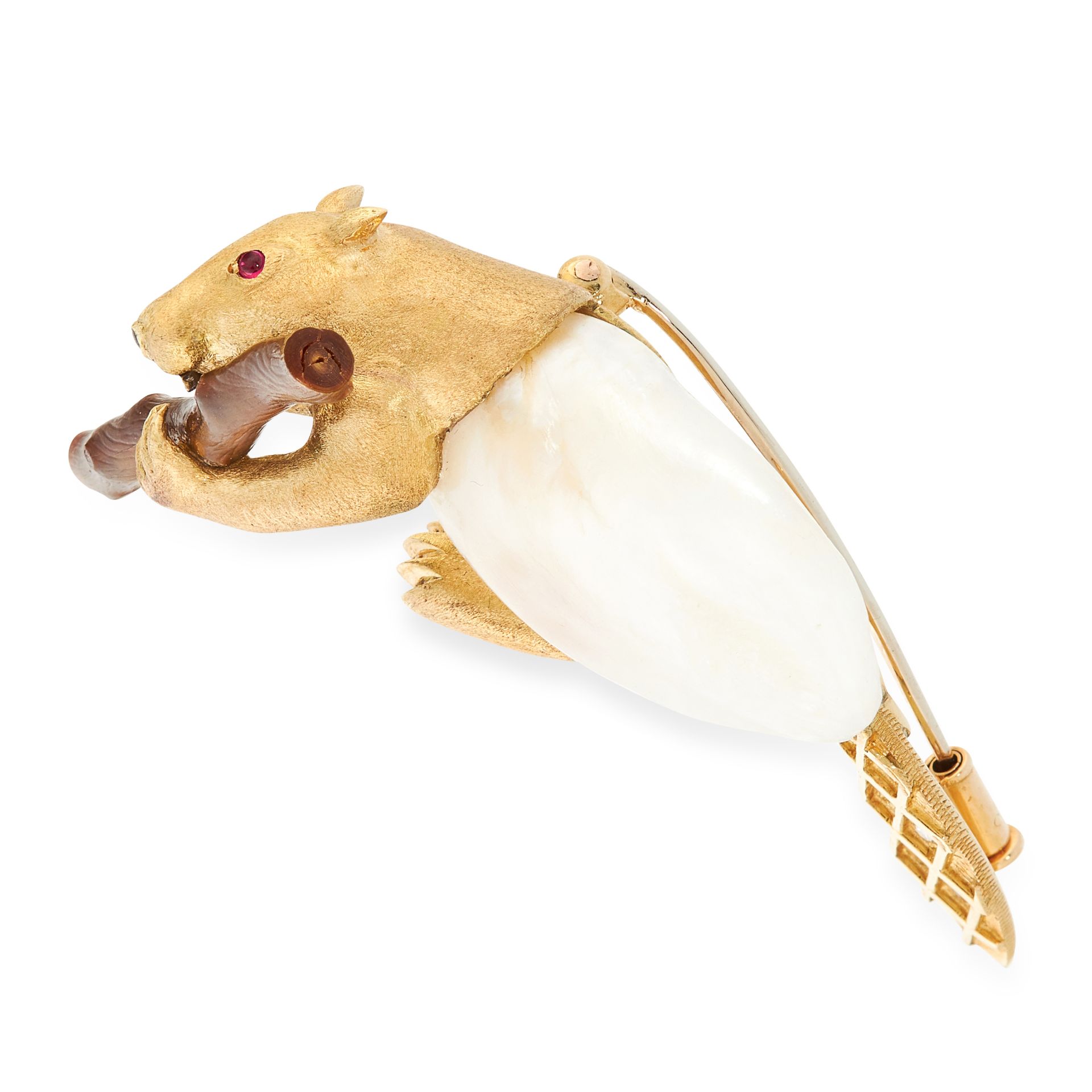 A PEARL, DIAMOND AND RUBY BEAVER BROOCH, E WOLFE & CO in 18ct yellow gold, designed as a beaver