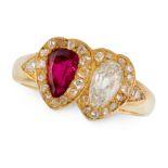 AN ANTIQUE RUBY AND DIAMOND SWEETHEART RING in 18ct yellow gold, in the form of two interlocking
