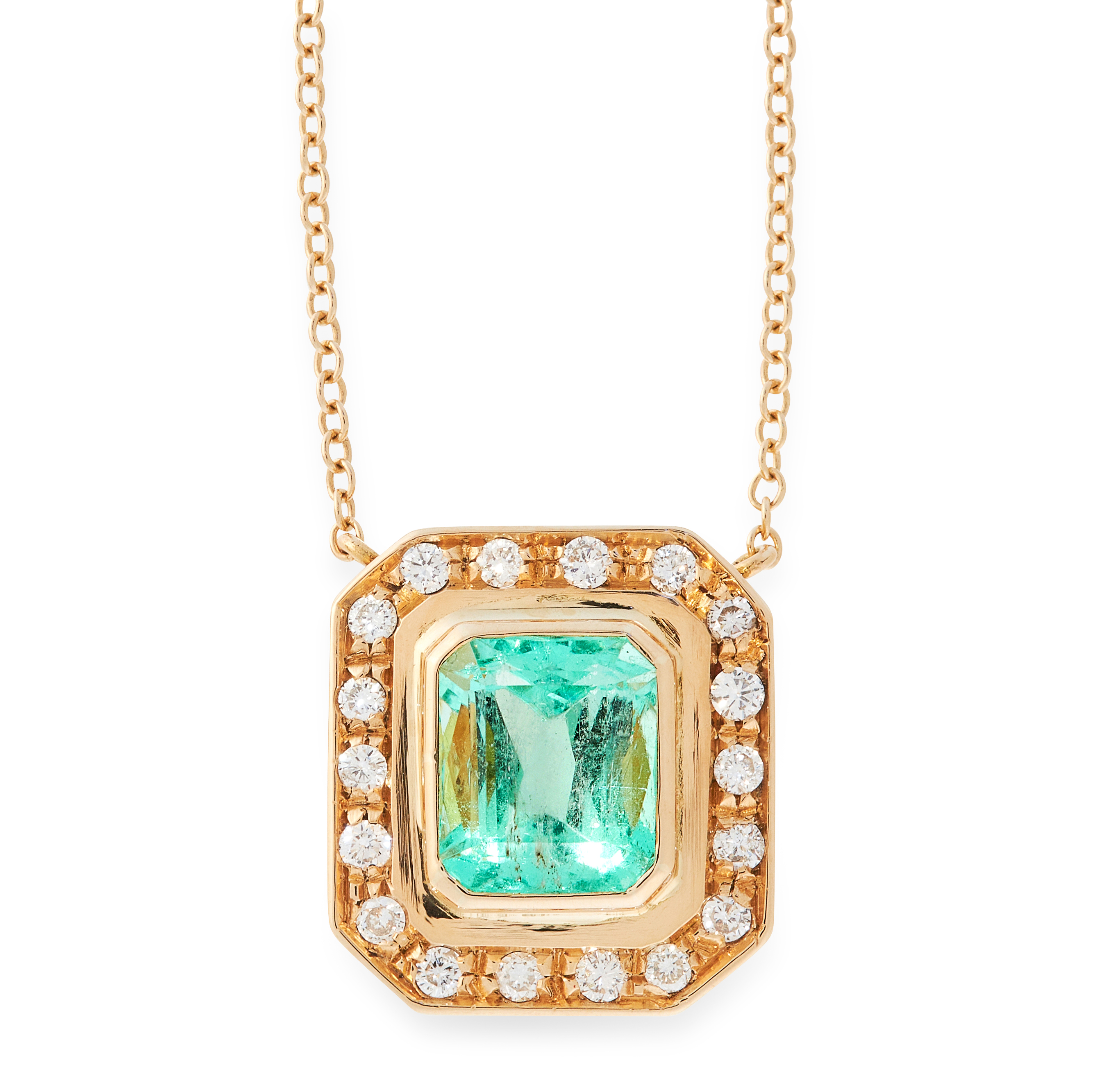 AN EMERALD AND DIAMOND PENDANT NECKLACE in 18ct yellow gold, set with an emerald cut emerald of 4.00