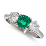 A COLOMBIAN EMERALD AND DIAMOND THREE STONE RING set with an emerald cut emerald of 0.91 carats