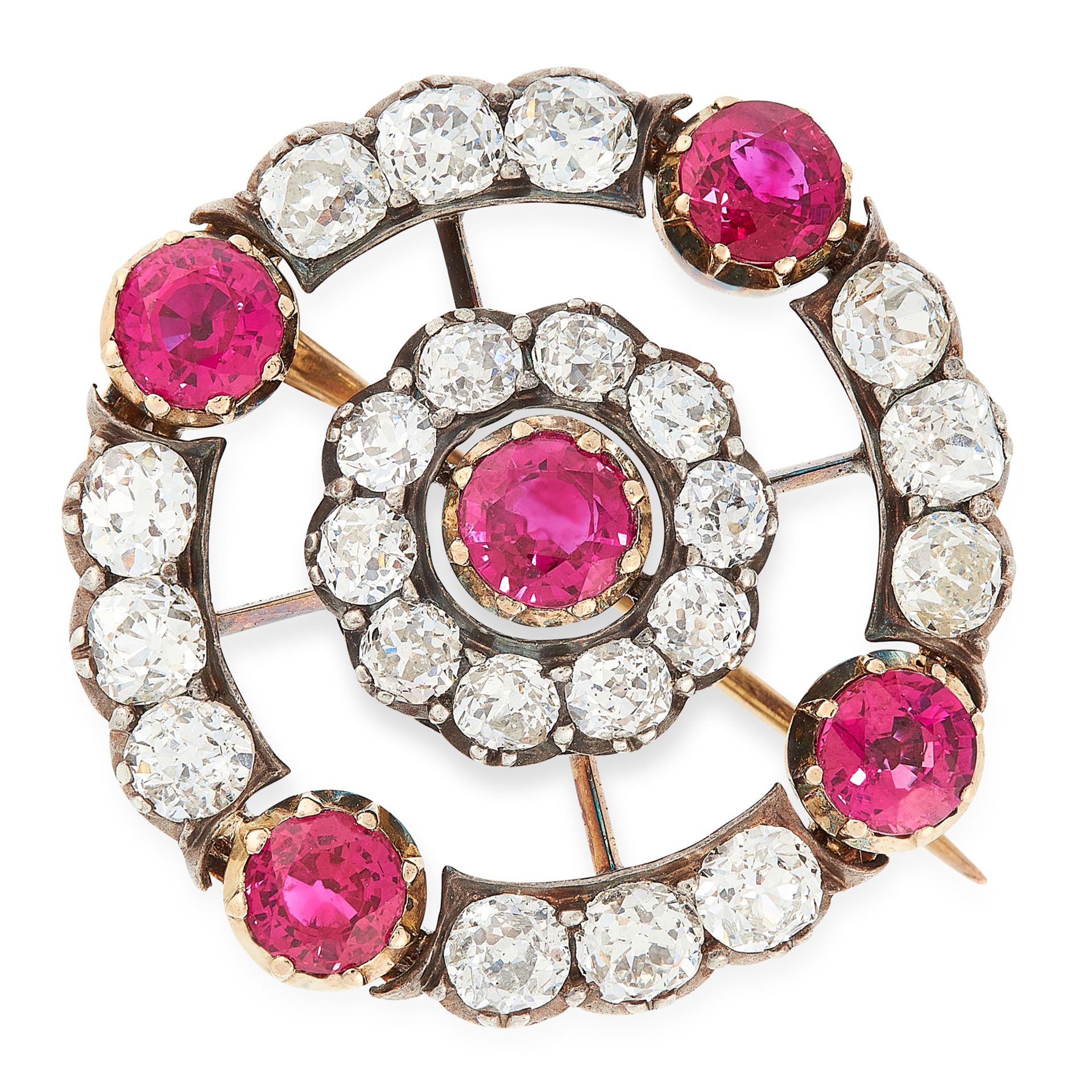 AN ANTIQUE RUBY AND DIAMOND BROOCH, 19TH CENTURY in high carat yellow gold and silver, of circular