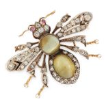 AN ANTIQUE CATS EYE CHRYSOBERYL, DIAMOND AND RUBY BEE BROOCH, 19TH CENTURY in yellow gold and