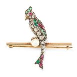 AN ANTIQUE RUBY, EMERALD, DIAMOND AND PEARL BIRD BROOCH in yellow gold and silver, designed to