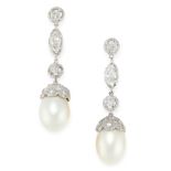 A PAIR OF PEARL AND DIAMOND DROP EARRINGS in high carat gold, each set with a drop shaped pearl
