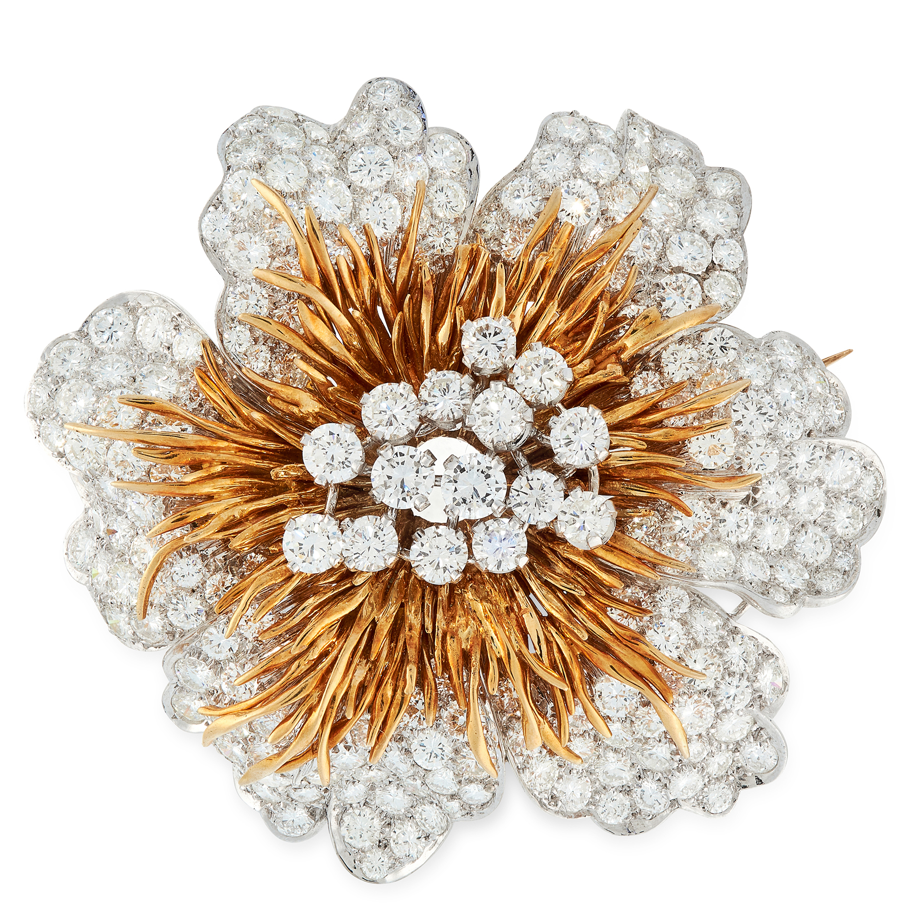 A VINTAGE DIAMOND BROOCH, KUTCHINSKY 1971 in 18ct white and yellow gold, designed as a large flower,