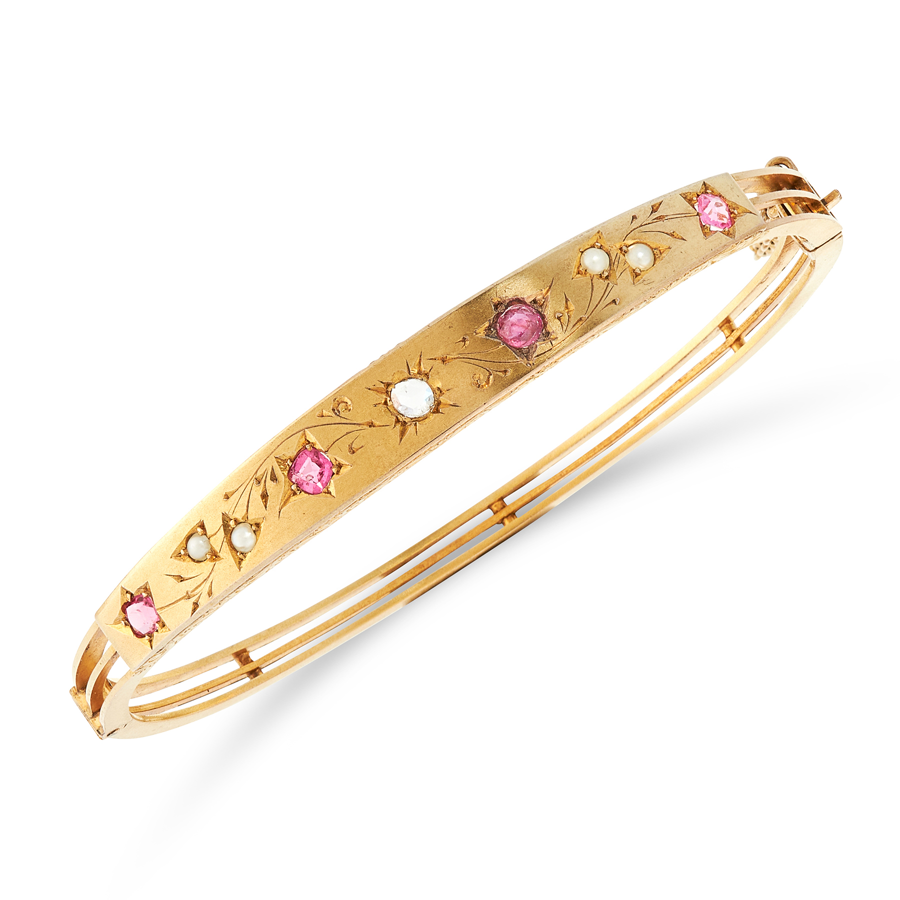 AN ANTIQUE RUBY, DIAMOND AND PEARL BANGLE in yellow gold, the tapering face set with a row of