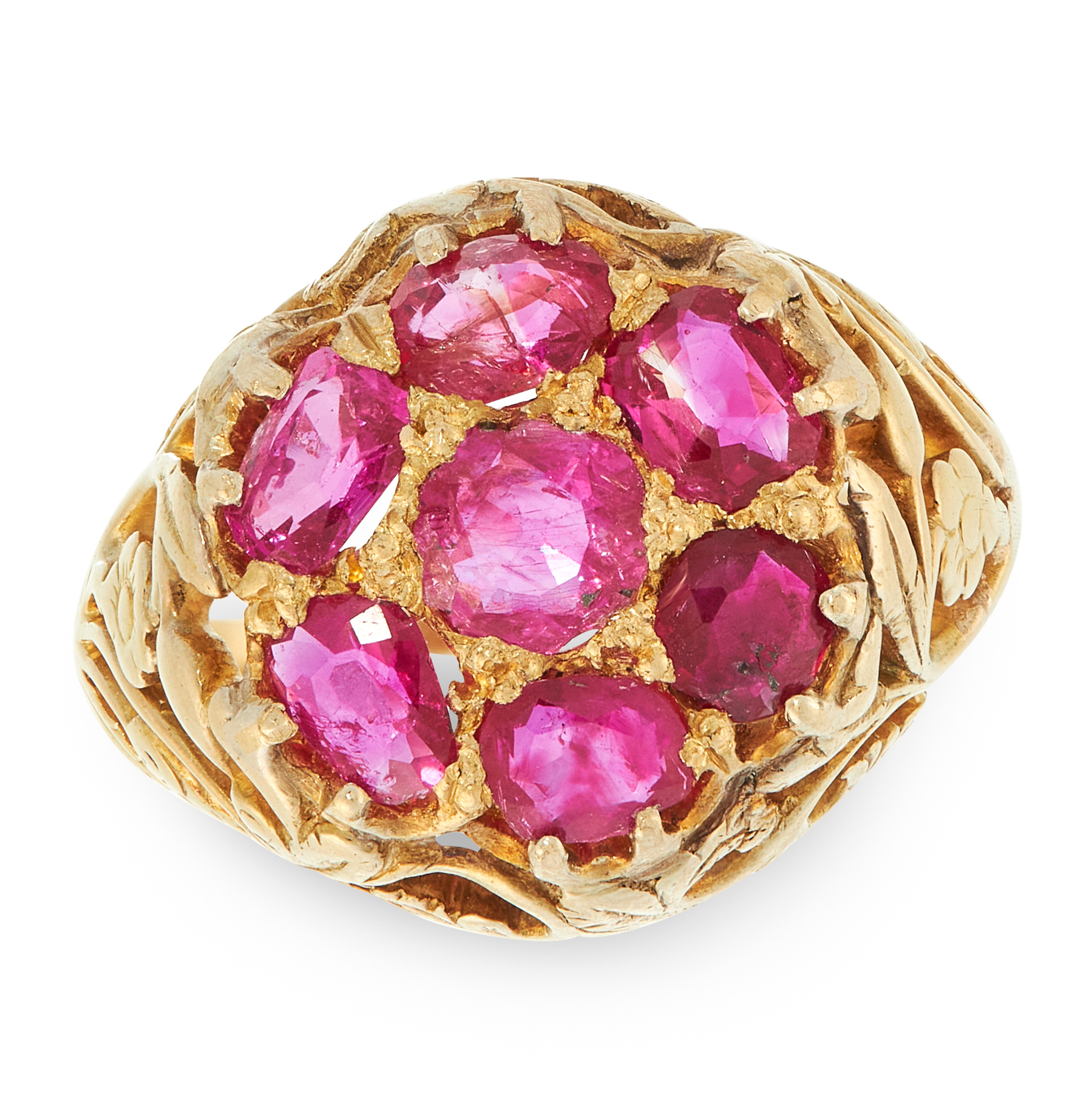 AN ANTIQUE RUBY DRESS RING, LATE 19TH CENTURY in yellow gold, set with a cluster of seven cushion - Image 2 of 2