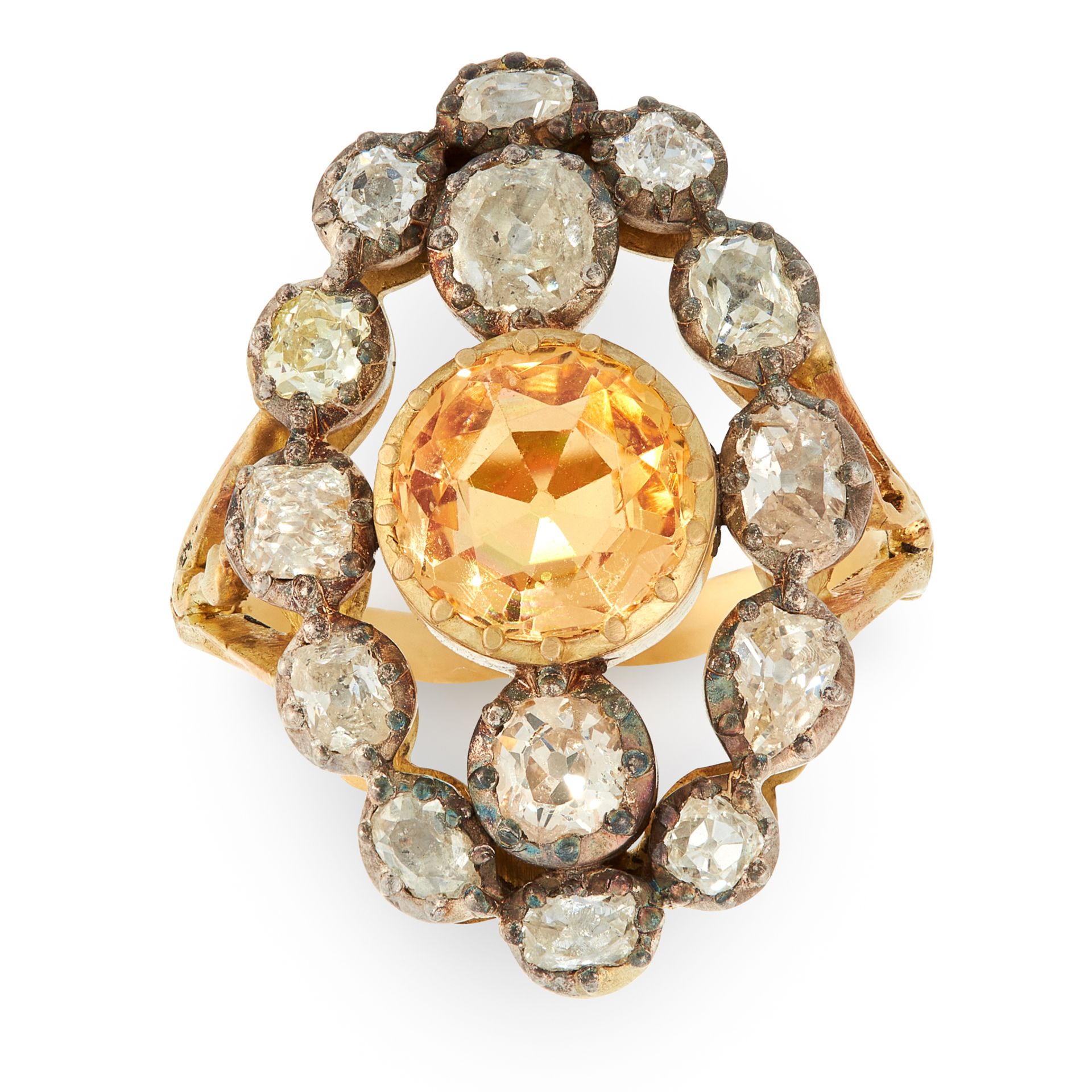 AN ANTIQUE IMPERIAL TOPAZ AND DIAMOND RING in high carat yellow gold and silver, set with a round - Bild 2 aus 2