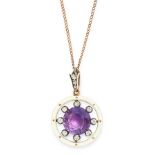 AN ANTIQUE AMETHYST, DIAMOND AND ENAMEL PENDANT in yellow gold and silver, set with a central