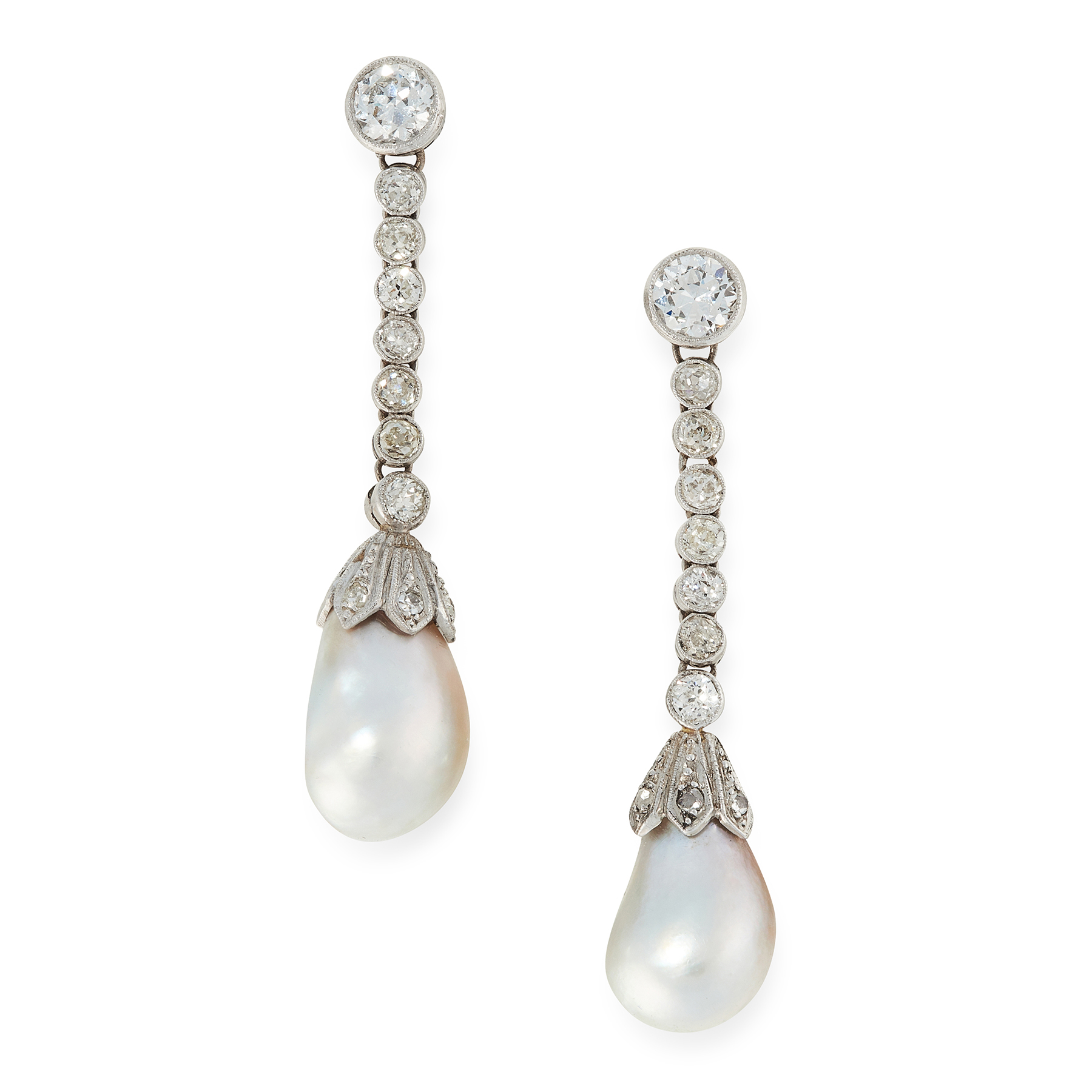 A PAIR OF NATURAL PEARL AND DIAMOND EARRINGS, EARLY 20TH CENTURY in 18ct white gold and platinum, - Image 2 of 2