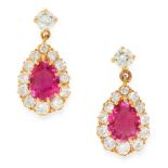 A PAIR OF BURMA NO HEAT RUBY AND DIAMOND EARRINGS in 18ct yellow gold, each set with a pear cut